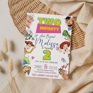 May include: A white invitation card with the text "TWO INFINITY" and "And Beyond! Melissa Is Turning 2". The card features cartoon characters and event details, including the date, time, and RSVP information.