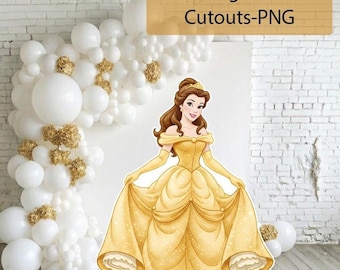 Figura de cartón de la Princesa Bella, decoración para fiesta de cumpleaños, temática de Bella para fiestas, fiesta de cumpleaños, soporte de pie, descarga digital