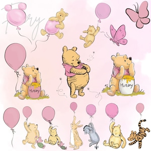 Paquete de imágenes PNG de Winnie the Pooh clásico con globo rosa, Winnie the Pooh en acuarela PNG, Oso Pooh, Cumpleaños, Baby Shower, Monograma de niña
