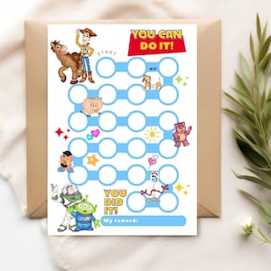 May include: A colorful reward chart featuring characters from the Toy Story movie. The chart has a blue and white striped design with circles for tracking progress. Text reads "YOU CAN DO IT!" and "YOU DID IT!" with space for a reward.