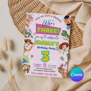 May include: A pink birthday party invitation with the text "Who's THREE!" and "EMMA'S Birthday Party." The invitation features cartoon characters and the date, July 20th, with an RSVP to Mommy.