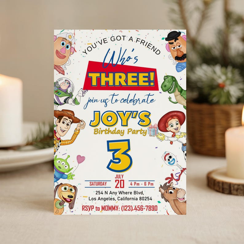 Bearbeitbare Toy Story Einladungsvorlage, Toy Story Geburtstagsparty, 3. digitale Einladung, Kindergeburtstagsparty, Woody, Du hast einen Freund Bild 3
