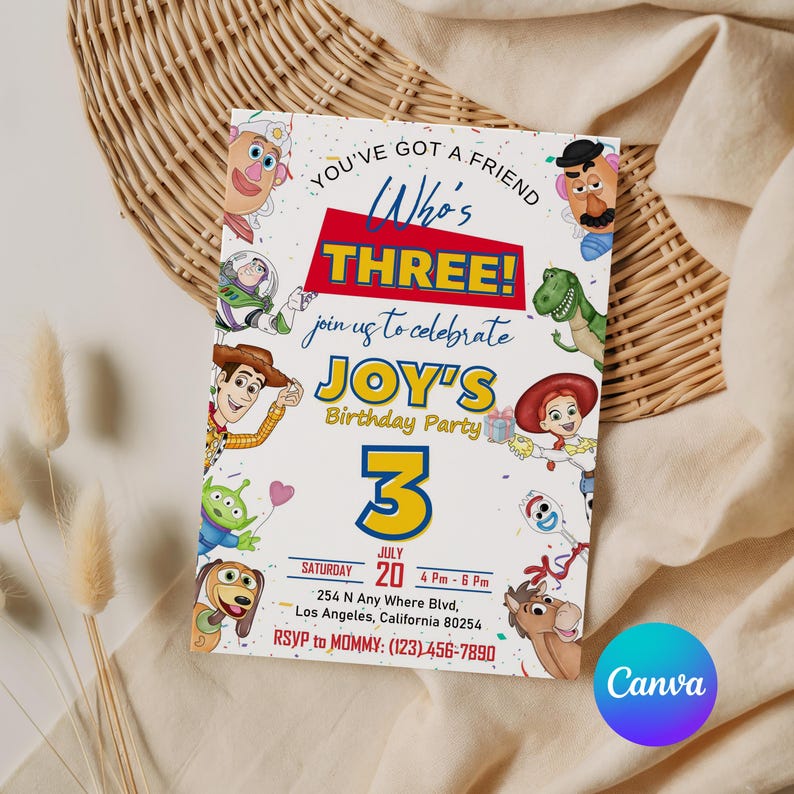 Bearbeitbare Toy Story Einladungsvorlage, Toy Story Geburtstagsparty, 3. digitale Einladung, Kindergeburtstagsparty, Woody, Du hast einen Freund Bild 1