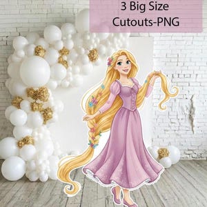 May include: A cutout of a princess in a pink dress with long blonde hair. The image has the text "3 Big Size Cutouts-PNG" in a pink rectangle. White balloons and gold accents are in the background.