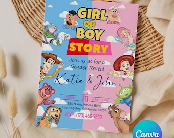 Einladung zur Geschlechtsenthüllung im Toy Story-Stil, Mädchen- oder Jungengeschichte, Baby Junge, Baby Mädchen, bearbeitbare Vorlage (digitaler Download)