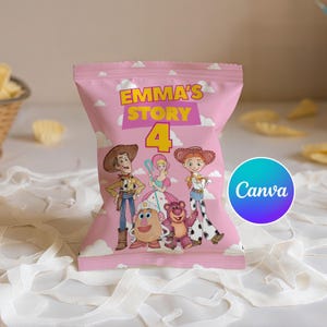 May include: Pink snack bag featuring characters from the Toy Story movie. The bag has the text "EMMA'S STORY 4" in yellow and white. The bag also has a Canva logo in a blue and purple circle.