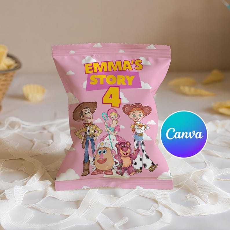 May include: Pink snack bag featuring characters from the Toy Story movie. The bag has the text "EMMA'S STORY 4" in yellow and white. The bag also has a Canva logo in a blue and purple circle.
