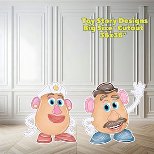 Puede incluir: Dos grandes y coloridos recortes de cartón de Mr. y Mrs. Potato Head de Toy Story. Los recortes miden aproximadamente 91 x 91 cm. Mrs. Potato Head lleva un sombrero blanco con una flor. Mr. Potato Head lleva un sombrero marrón.