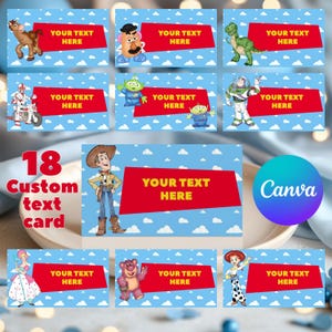 May include: A collection of 18 custom text cards with cartoon characters on a blue sky background. Each card has a red text box with "YOUR TEXT HERE". Characters include Woody, Buzz Lightyear, and others. The words "18 Custom text card" are also visible on the cards.