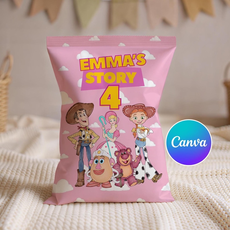 May include: Pink party favor bag featuring characters from the animated film. The bag has the text "EMMA'S STORY 4" in yellow and purple. The bag also has a Canva logo in the bottom right corner.