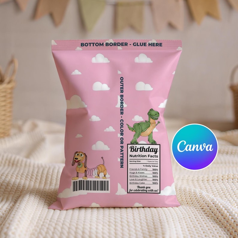 May include: Pink birthday-themed party favor bag with white cloud illustrations and cartoon dinosaurs and a dog. The bag has the text "BOTTOM BORDER - GLUE HERE" and "OUTER BORDER - COLOR OR PATTERN". The bag also has the text "Birthday Nutrition Facts" and "Thank you for celebrating with us!"