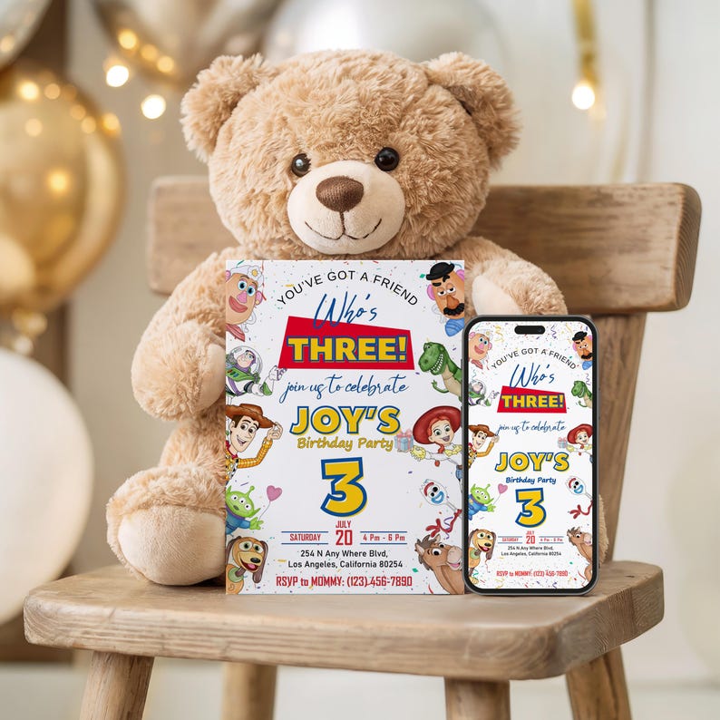 Bearbeitbare Toy Story Einladungsvorlage, Toy Story Geburtstagsparty, 3. digitale Einladung, Kindergeburtstagsparty, Woody, Du hast einen Freund Bild 2