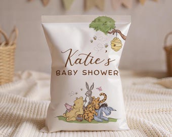 Editable Winnie the Pooh Chip Bag, 100 Acre Wood Baby Shower Favor, Winnie the Pooh Birthday Snack Bag, Digital file CANVA Template*