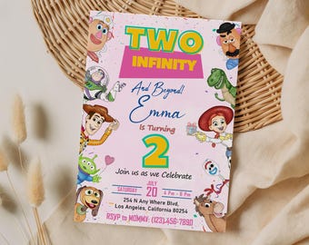 Bearbeitbarer rosa Hintergrund: Einladung zum 2. Geburtstag mit dem Thema „Infinity and Beyond“ für Mädchen, Toy Story-Einladung zur 2. Geburtstagsparty, CANVA-Vorlage*