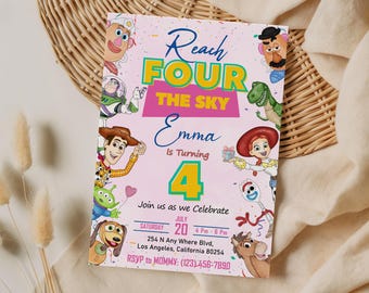 Bearbeitbare rosa „Reach For The Sky“-Geburtstagseinladung für Mädchen, Toy Story 4. Geburtstagseinladung, CANVA-Vorlage*