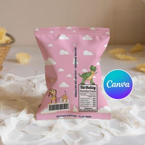 May include: A pink chip bag with a cloud pattern and cartoon illustrations of a dog and a dinosaur. The bag has the word "Birthday" and "Nutrition Facts" printed on it. The Canva logo is visible on the right side of the bag.