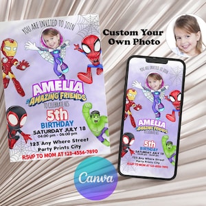 May include: A birthday party invitation featuring a child's photo surrounded by cartoon superheroes, including Iron Man, Spider-Man, and the Hulk. The invitation reads "Amelia & Amazing Friends" and includes party details.
