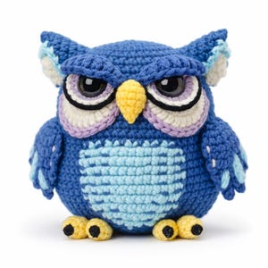 Può includere: Un gufo blu all'uncinetto fatto a mano con grandi occhi espressivi. Il gufo presenta un becco giallo, accenti blu chiaro e viola e piedi gialli con suole nere. Il corpo ha una pancia blu più chiara. Un oggetto decorativo affascinante e artigianale.