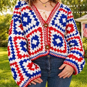 Crochet Granny Square Cardigan Pattern, American Flag Sweater PDF, Beginner Friendly Crochet Instructions