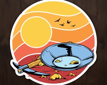 Gold Panning Sticker, Vintage Gold Rush Vinyl Sticker, Prospecting Decal, Treasure Hunter Gift, Retro Sunset Sticker, Mining Sticker