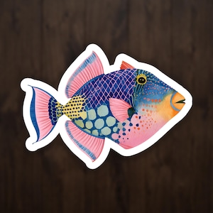 Watercolor Triggerfish Sticker, Colorful Reef Fish Vinyl Decal, Aquarium Lover Art
