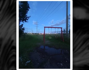 Red Swing Set Sticker, Dusk Abandoned Playground Decal, Nostalgic Liminal Weirdcore Laptop Art