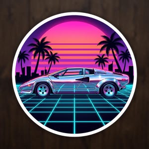 Chrome Sports Car Vaporwave Sticker, Retro 80s Synthwave Vinyl Decal, Neon Sunset Aesthetic Laptop Art