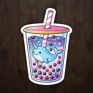Bubble Tea Narwhal Sticker, Whimsical Art Vinyl Decal for Laptop and Water Bottle