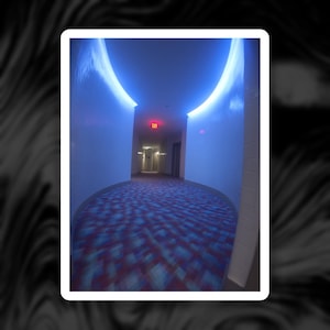 Liminal Hallway Sticker Blue Lit Corridor Red Exit Sign Backrooms Decal Gift