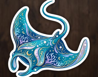 Lunar Reef Manta Ray Sticker, Celestial Ocean Vinyl Decal for Laptop and Water Bottle