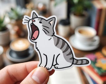 Yawning Cat Sticker, Funny Grey Tabby Mid-Yawn Meme Die Cut Vinyl Decal for Laptops and Water Bottles