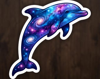 Dolphin Leaping Cosmic Run Sticker, Celestial Art Vinyl Decal for Laptop and Water Bottle