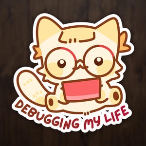 コーダー猫ステッカー、プログラマー猫ビニールデカール、DEBUGGING MY LIFE カワイイラップトップアート