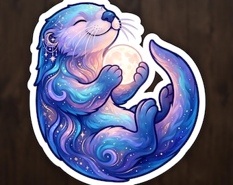 Moonlit Otter Sticker, Whimsical Art Vinyl Decal for Laptop and Water Bottle