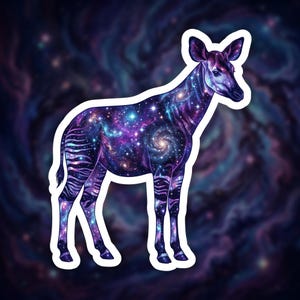 May include: A sticker depicting an okapi with a galaxy design. The okapi's body is filled with swirling nebulae, stars, and galaxies in shades of purple, blue, and teal. The okapi has black and white striped legs and a white outline.