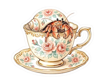 Folk Art Hermit Crab Teacup Sticker, Vintage Hermit Crab Teacup Gift for Art Lover, Retro Hermit Crab Teacup Vinyl Decal