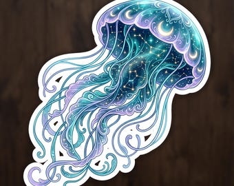 Constellation Jellyfish Bloom Sticker, Celestial Ocean Vinyl Decal for Laptop and Water Bottle