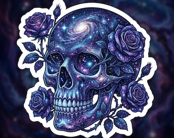 Galaxy Skull and Roses Sticker for Laptop, Cosmic Skull and Roses Gift for Space Lover, Skull and Roses Vinyl Sticker