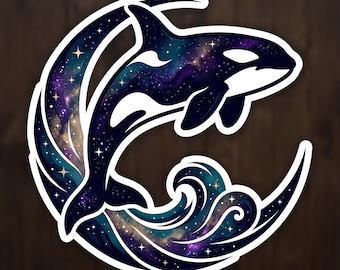 Cosmic Orca Moonwave Sticker, Celestial Ocean Vinyl Decal for Laptop and Water Bottle