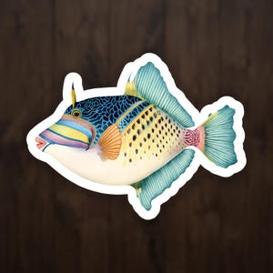 Watercolor Triggerfish Sticker, Picasso Reef Fish Decal, Aquarium Lover Laptop Art