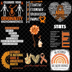 Può includere: Un foglio grafico digitale con nove distinti design di sensibilizzazione sull'ADHD su sfondo nero. Gli elementi includono scheletri, girasoli, un elefante, un arcobaleno e testi come Celebrate Your Originality e ADHD Awareness.