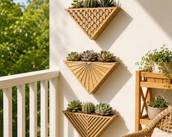 Geometric Wooden Triangle Wall Planter, Minimalist Wall Mounted Succulent Holder, Modern Herb Planter, Indoor Wall Decor