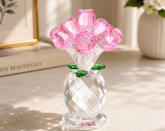 Glass Flower Sculpture, Handblown Crystal Flower Decor, Office Desk Ornament, Home Decor, Birthday Gift, Wedding Keepsake, Teacher Gift Vase