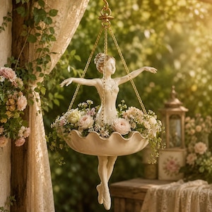 May include: A cream-colored hanging planter featuring a sculpted ballerina figure with arms outstretched. The figure stands in a scalloped bowl filled with pink and white flowers, suspended by three gold-toned chains attached to a central hook.