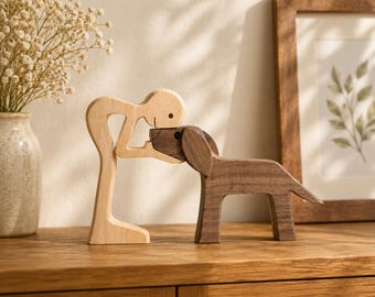 Holzschnitzerei Hundefigur Handarbeit, Holzskulptur Welpe Familie Decor, Handgeschnitztes Holz Tierstatue Geschenk für Hundeliebhaber