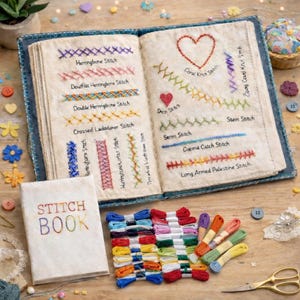 Può includere: Un libro di cucito aperto mostra vari punti di ricamo con fili colorati. Un libro più piccolo con "STITCH BOOK" ricamato sulla copertina è posto accanto a rocchetti di filo di vari colori. Forbici ed elementi decorativi completano la scena artigianale.