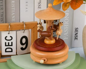 Wooden Music Box Carousel, Music Box Hand Crank, Wooden Music Box Gift, Rotating Carousel Musical Box for Kids Decor