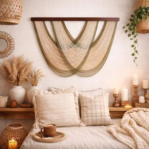 Hand Woven Macrame Wall Hanging, Arc Textile Tapestry, Boho Cotton Wood Decor for Living Room Bedroom Home