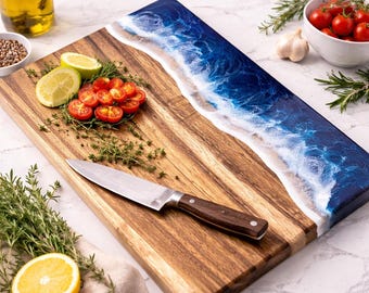 Handmade Acacia Wood Cutting Board, Ocean Wave Resin Charcuterie Serving Block