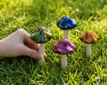 Ceramic Mushroom Stake Garden Decor, Hand Painted Pottery Mushroom, Fairy Garden Plant Stake, Outdoor Yard Art, Whimsical Gnome Garden Decor